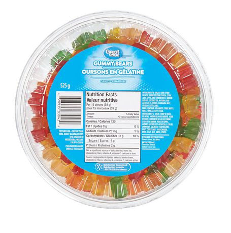 Great Value Tub of Gummy Bears, 525g/1.2lbs, {Imported from Canada}