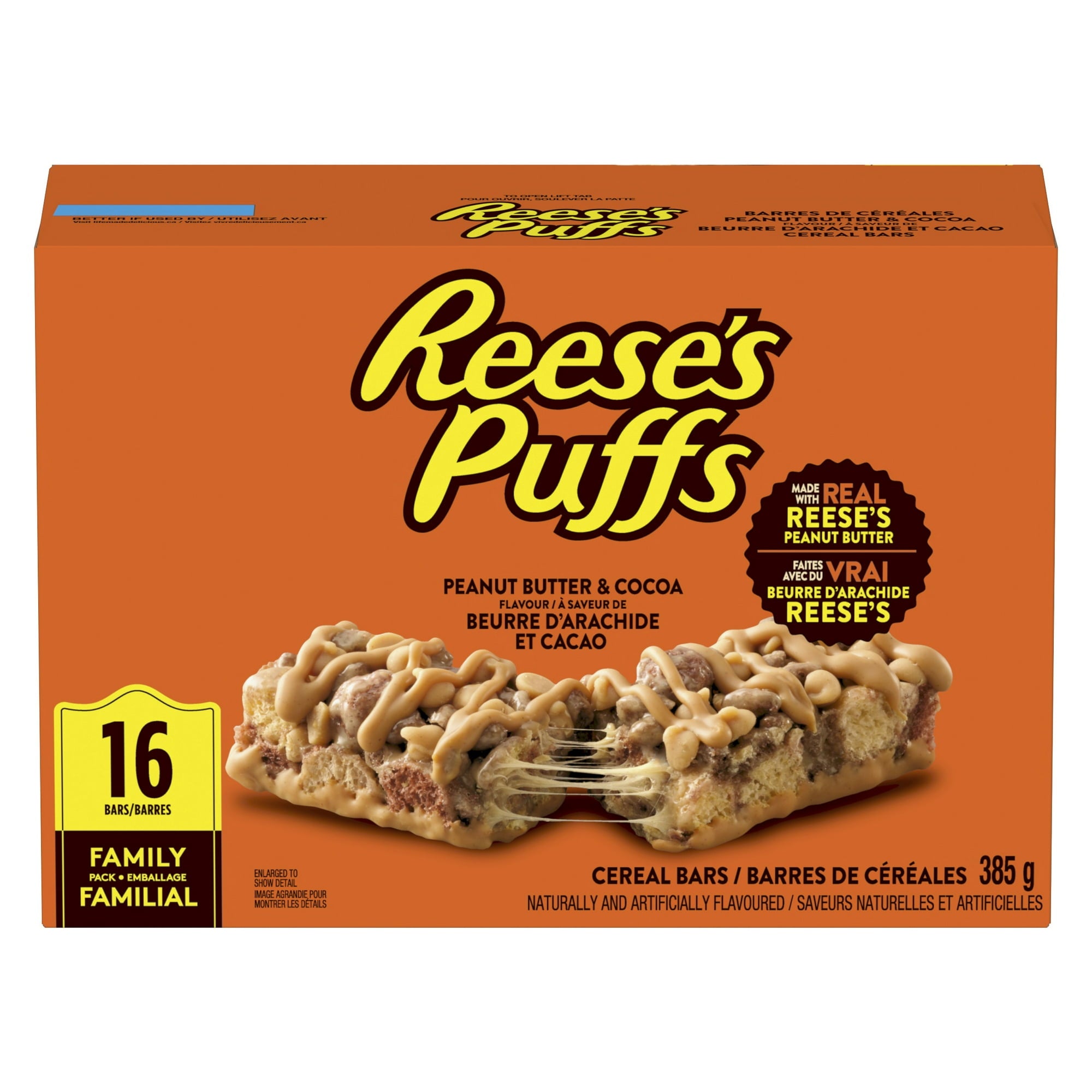 Reese's Puffs Peanut Butter & Cocoa Flavor Cereal Bars, Pack of 16 Bars, 385g/13.6 oz., Box, front of box