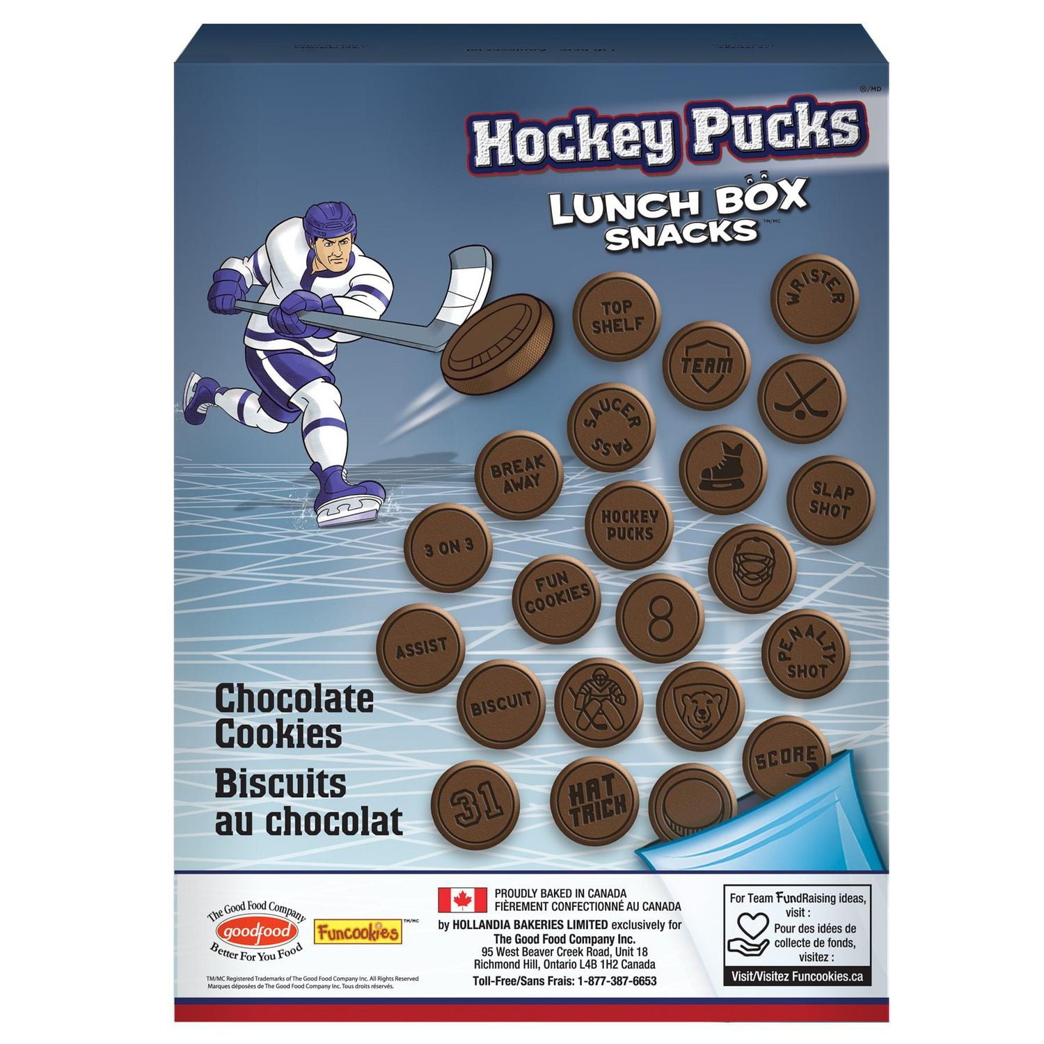 Funcookies Hockey Pucks Chocolate Cookies, Lunch Box Snacks , (6 pouches) 168g/6 oz., Box, back of box.