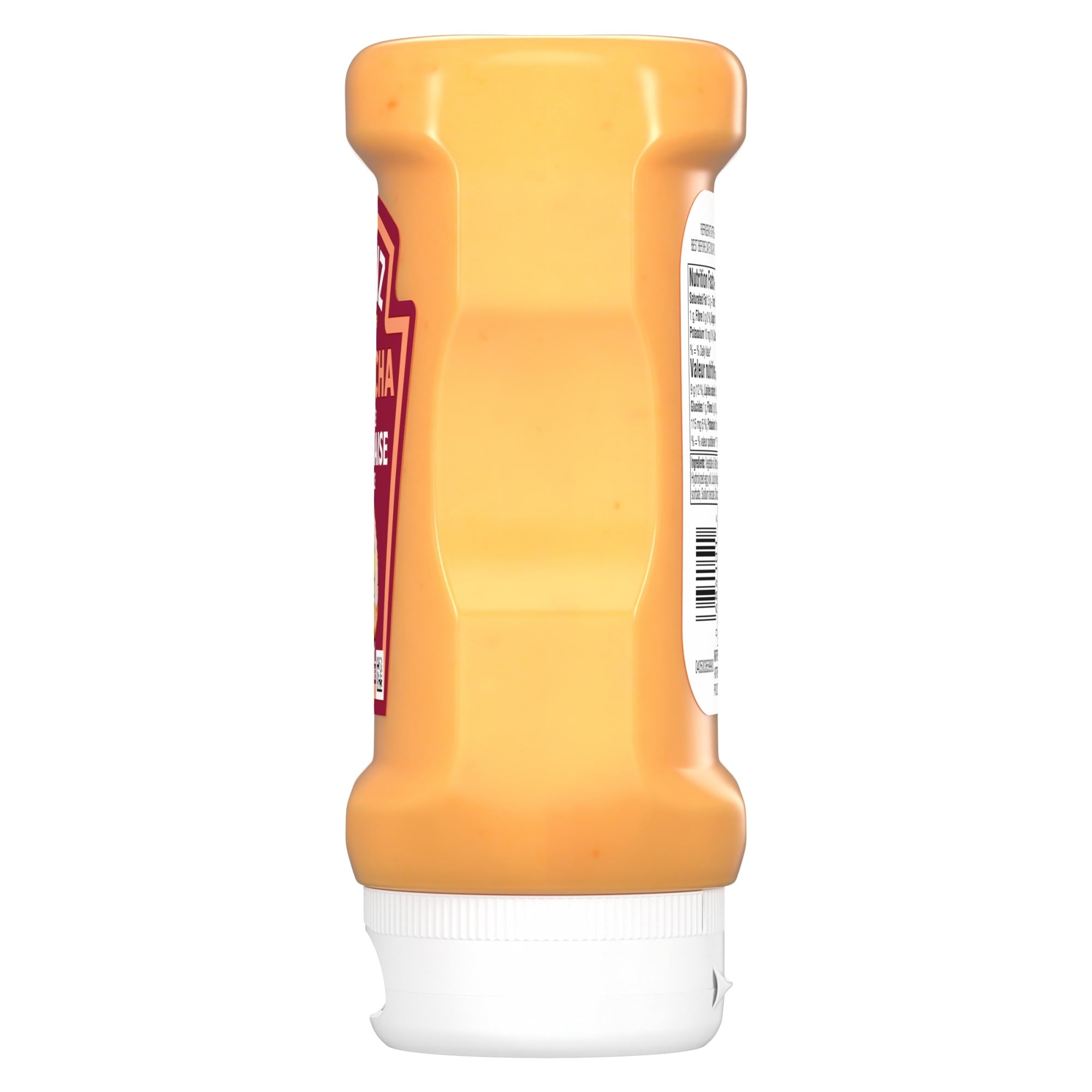 Side of a Heinz Sriracha Mayonnaise Sauce 340ml bottle with a white label on a white background