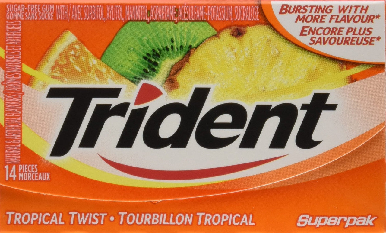 Trident Sugar Free Tropical Twist Gum Superpak, 12 Pack (14 Pieces Each) {Imported from Canada}