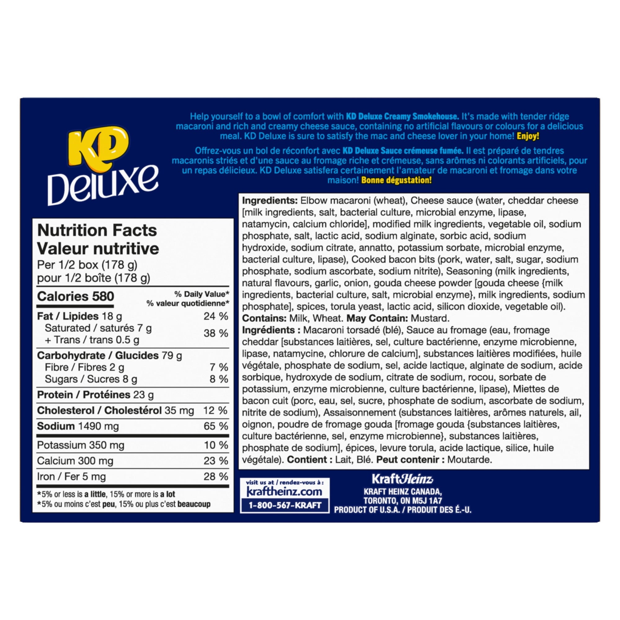 Nutrition facts label for KD Deluxe macaroni and cheese on a white background