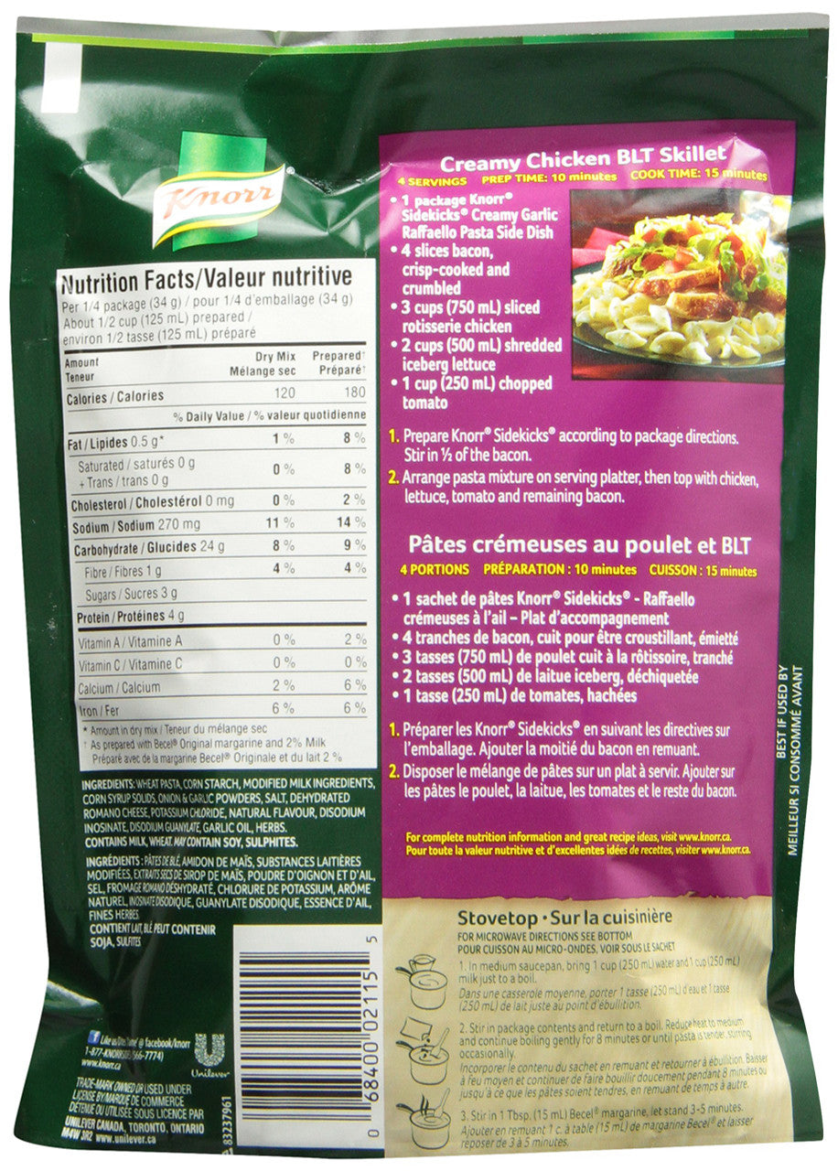Knorr Sidekicks Pasta, Creamy Garlic Raffaello, Side Dishes, 137g/4.8g,8ct, {Imported from Canada}