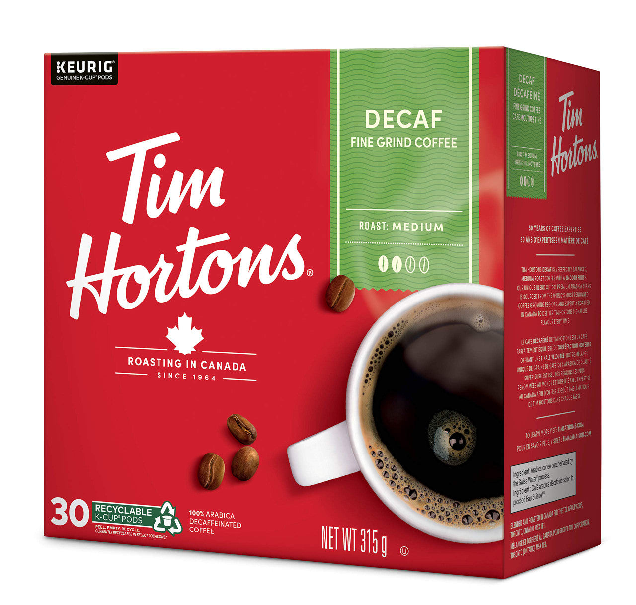 Tim Hortons Medium Roast K-cup Decaf Coffee 30 Count, {Imported from Canada}