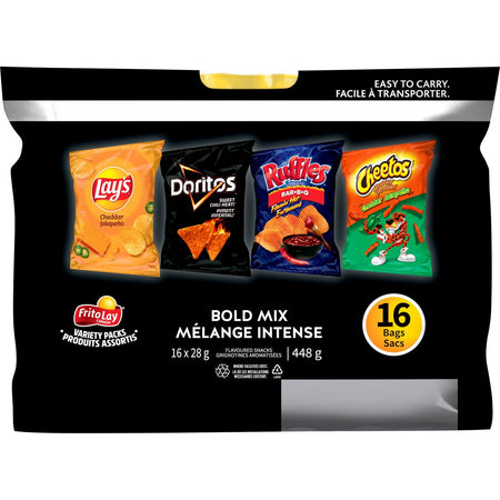 Frito-Lay Chips Variety Pack, Bold Mix, Cheddar Jalapeno, Sweet Chili Heat, and Flamin' Hot BBQ Chips, and Cheddar Jalapeno Cheetos (16ct x 28g),448g, back of pack.