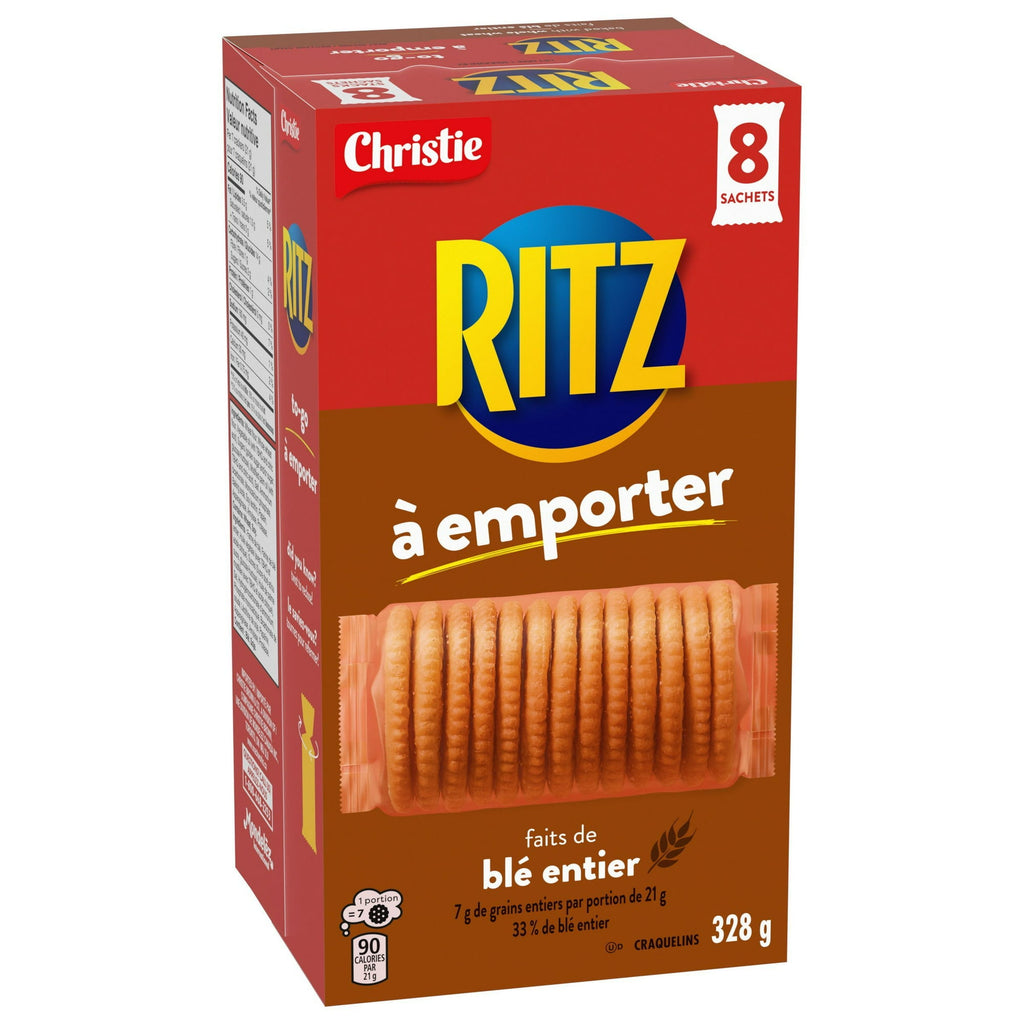 Box of Ritz whole wheat crackers with red and brown design on a white background