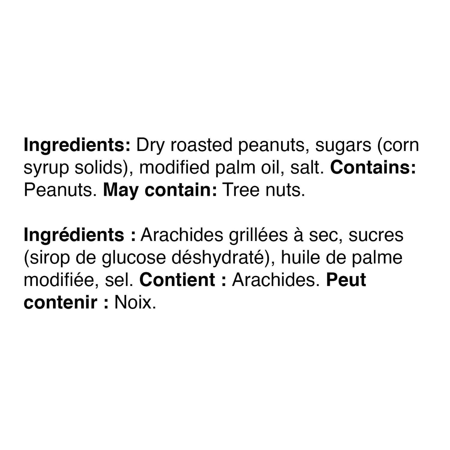 Ingredients list for Great Value Light Smooth Peanut Butter - 1kg with allergen warning on a white background