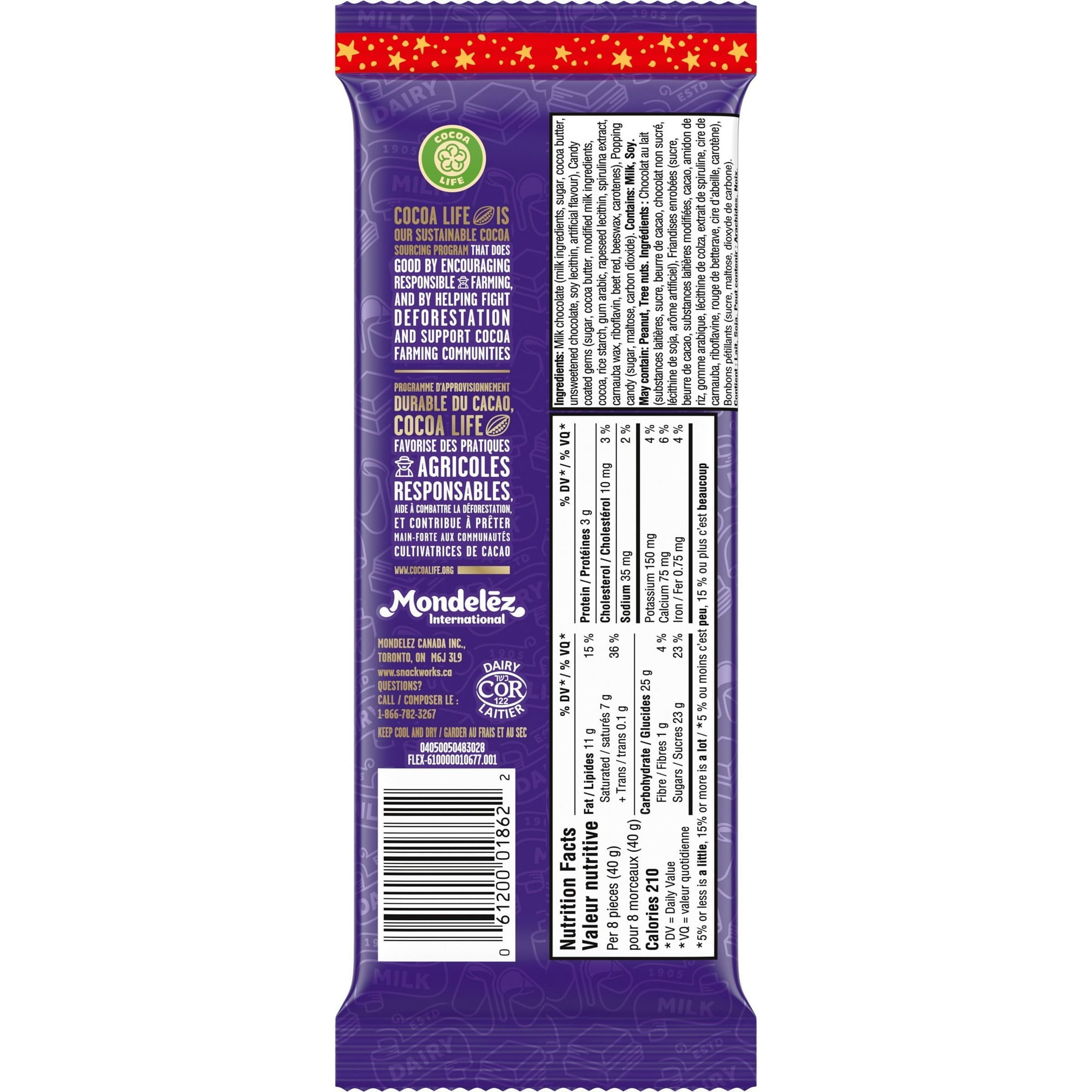 Purple candy bar package with text and branding on a white background