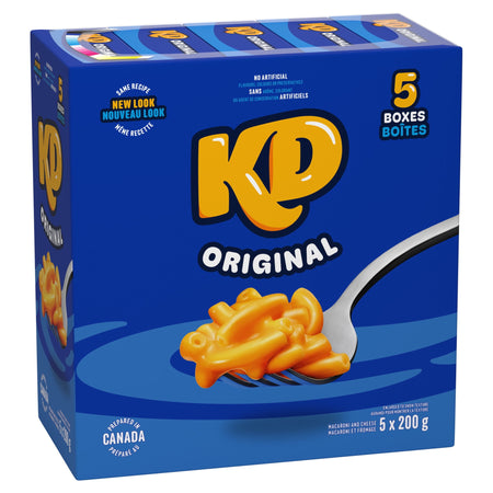 Box of KD Kraft Dinner Original Macaroni and Cheese, 5 Pack, 200g each, 1000g/35.2 oz with a white background