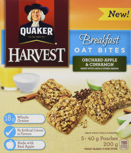 Quaker Breakfast Oat Bites, 5 x 40g Pouches, Orchard Apple & Cinnamon, 200g/7.1oz Box, {Imported from Canada}