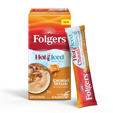 Folgers Hot Or Cold Instant Latte, Caramel Drizzle Flavored, 4 Packets, 120g packaging on a white background