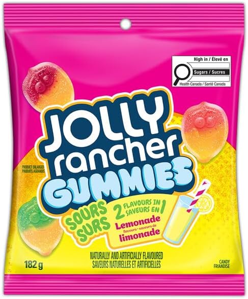 Jolly Rancher Gummies Sours, Lemonade 2 in 1, 182g, front of bag.