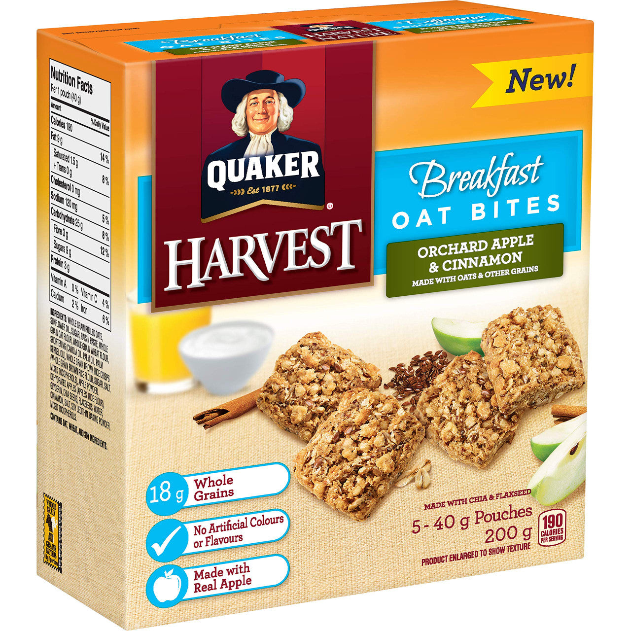 Quaker Breakfast Oat Bites, 5 x 40g Pouches, Orchard Apple & Cinnamon, 200g/7.1oz Box, {Imported from Canada}