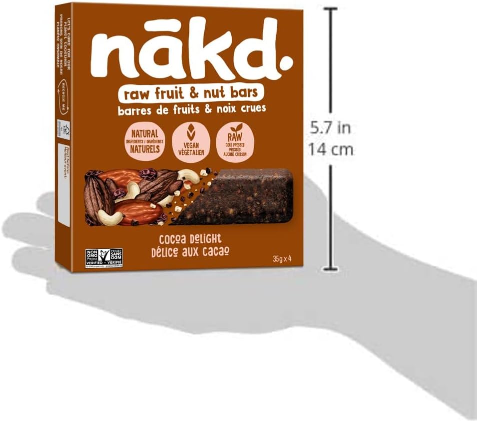 Nakd. Cocoa Delight Raw Fruit & Nut Bars, 4 x 35g, 140g/5 oz. Box