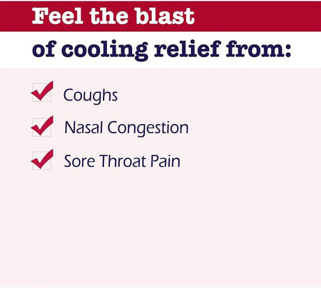 Product advertisement for relief from coughs, nasal congestion, and sore throat pain with a red and white background.