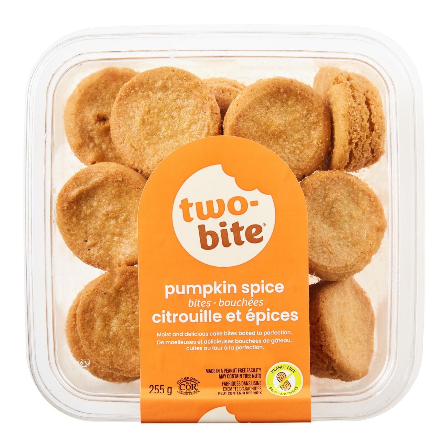 Container of two-bite pumpkin spice bites with an orange label on a white background