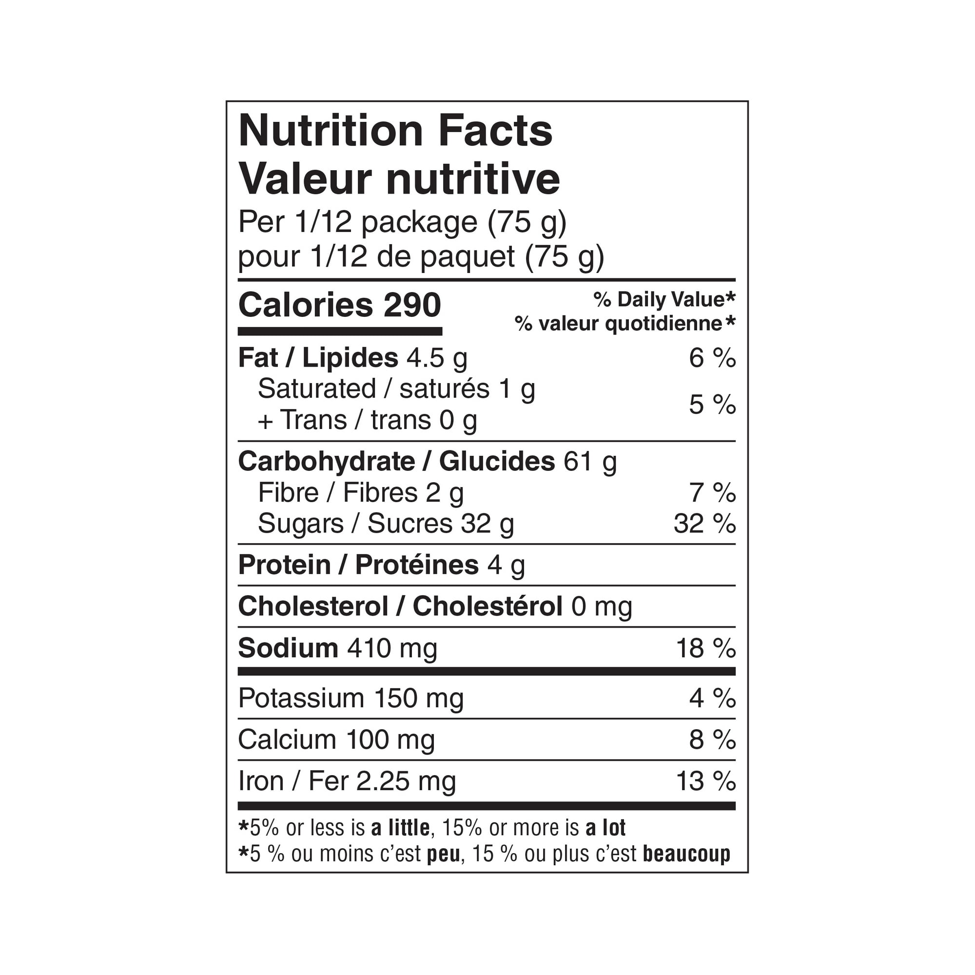 Nutrition facts for Great Value Carrot Muffin Mix, Makes 24 Muffins - 900g on a white background