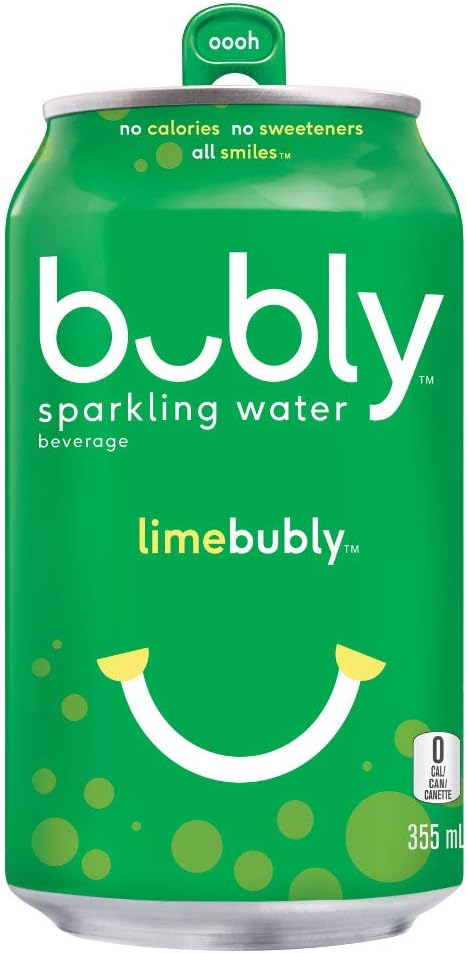 Green can of lime bubly sparkling water with a smiley face design.