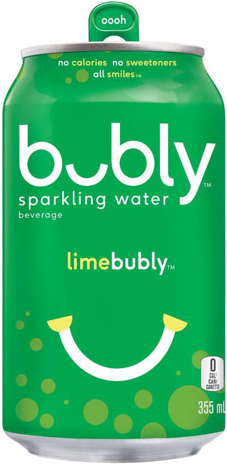 Green can of lime bubly sparkling water with a smiley face design.