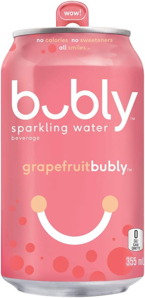 Pink can of bubbly sparkling water with grapefruit flavor on a white background