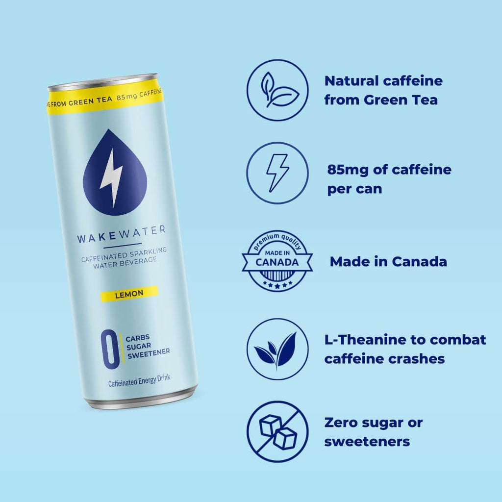 Wakewater Caffeinated Sparkling Water Beverage, Lemon Flavor, 355mL/12.4 oz. Can {Imported from Canada}