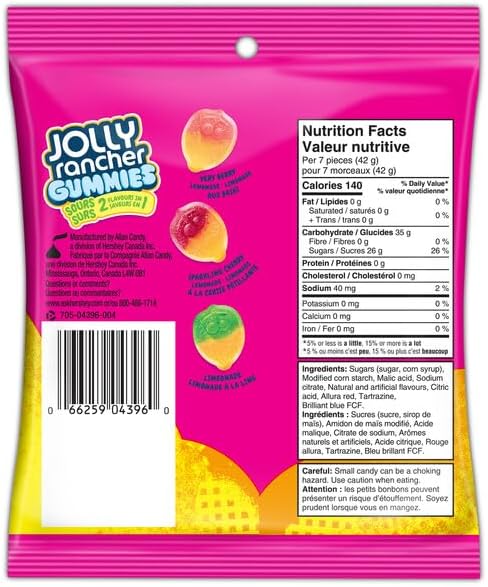 Jolly Rancher Gummies Sours, Lemonade 2 in 1, 182g, back of bag.