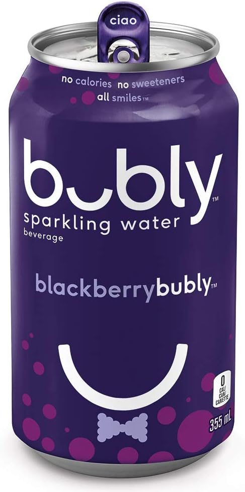 Purple can of blackberry bubly sparkling water with 'ciao' label on top