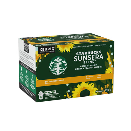 Box of Starbucks Sunsera Blend 100% Arabica Coffee, K-Cups, 120g/4.2 oz with sunflower design on a white background