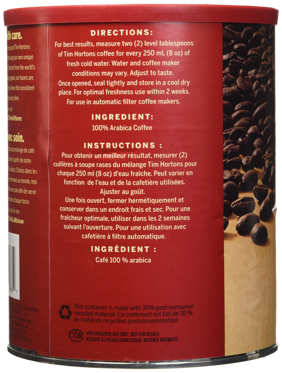 Tim Hortons 100% Arabica Medium Roast Original Blend Ground Coffee, 48 Ounces, 3 Pound Can, {Imported from Canada}
