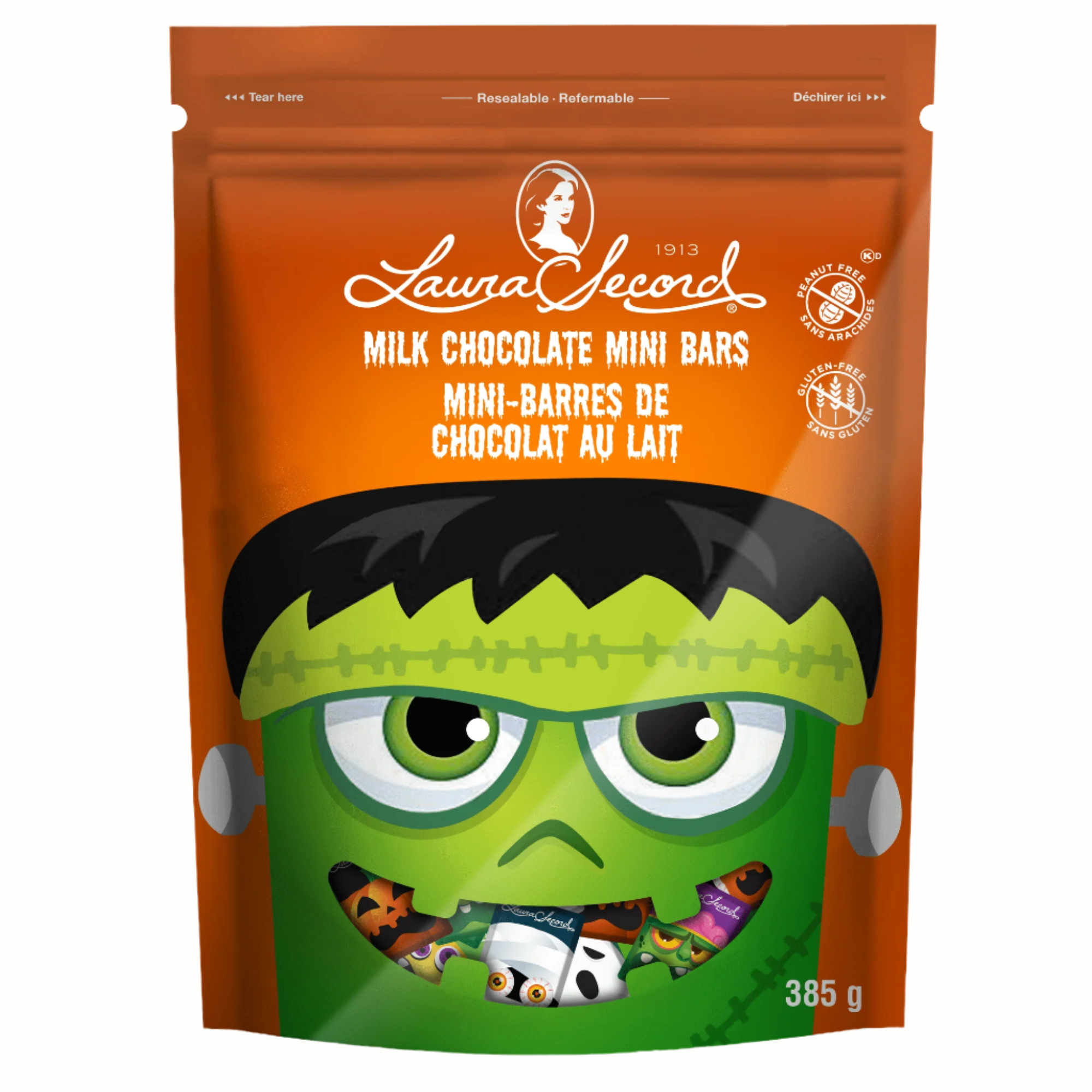 Laura Secord Halloween Milk Chocolate Mini Bars, 385g/13.6 oz., Bag, front of bag.