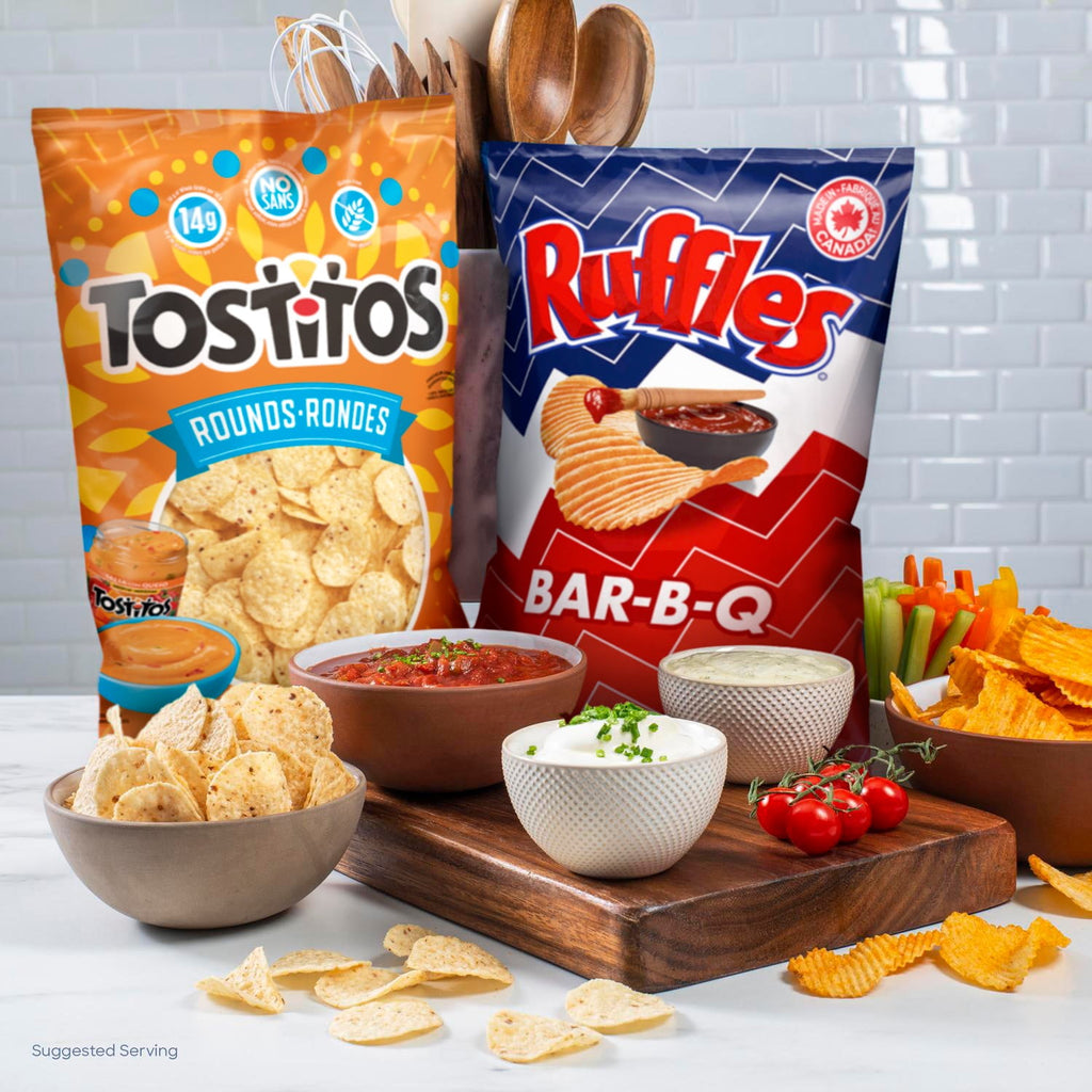 Lays Ruffles Sour Cream & Bacon Potato Chips 200g/7.1 oz. - Tostitos Rounds & Ruffles Bar-B-Q Chips With Salsa