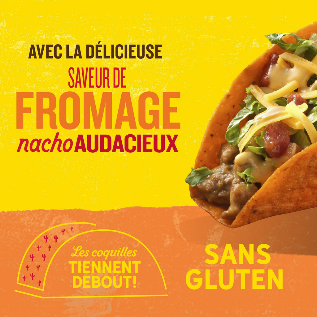 Taco with cheese on a yellow and orange background with text about gluten-free nachos.