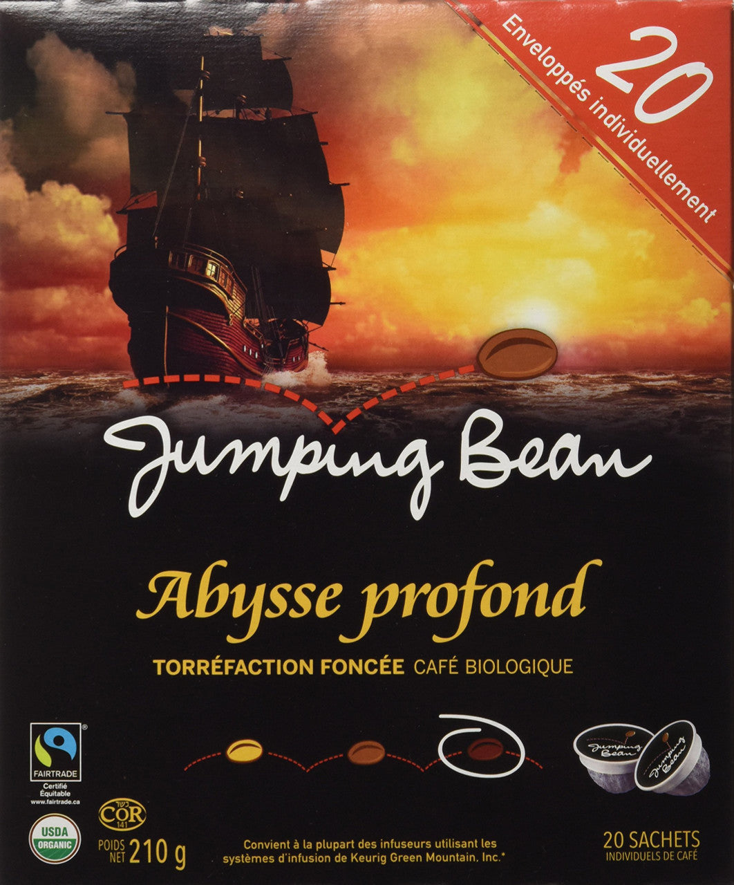 Jumping Bean Deep Water Dark Organic Single Serve Coffee Pods, 20ct {Imported from Canada}