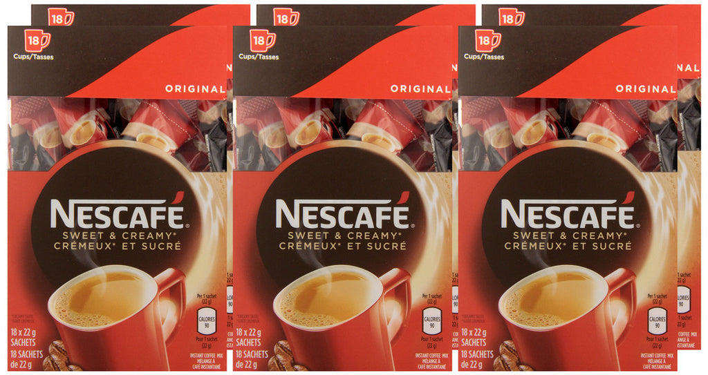 Nescafe Sweet and Creamy Original Sachets 18x22g (Pack of 6, 108 Cups) - Imported from Canada