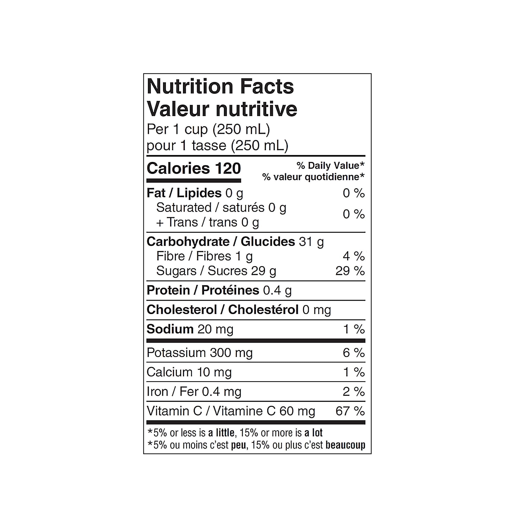 SunRype Fruit Juice, Mango, 900ml/30.4 fl. oz. Carton, nutrition facts label