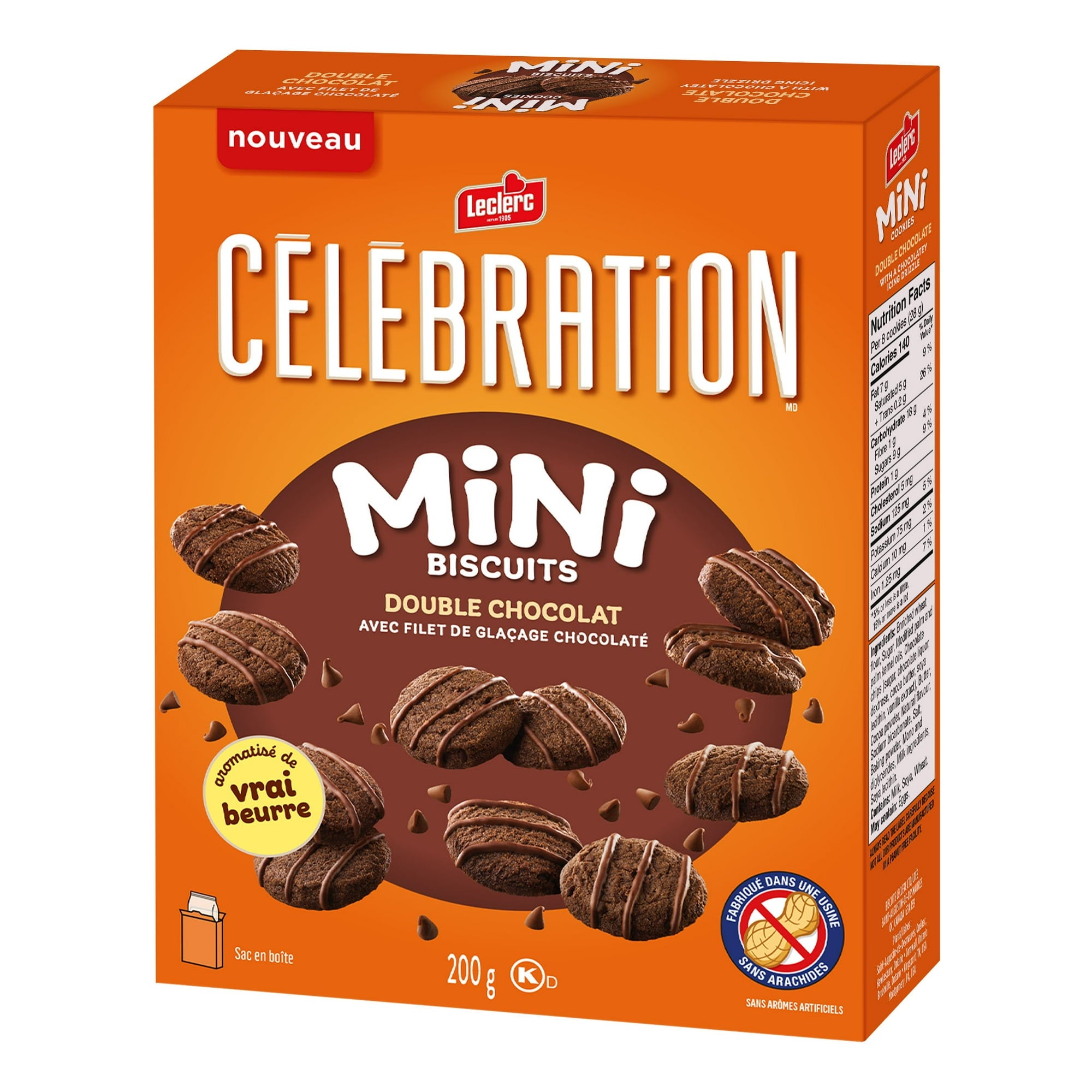 Box of Celebration Mini Biscuits with chocolate flavor on an orange background