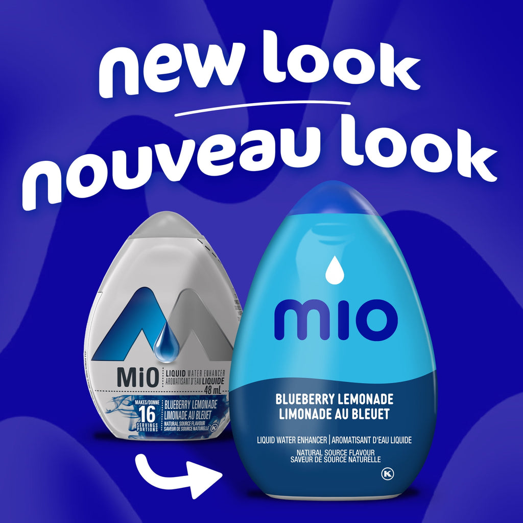 Two Mio water bottles on a blue background with text indicating a 'new look'.