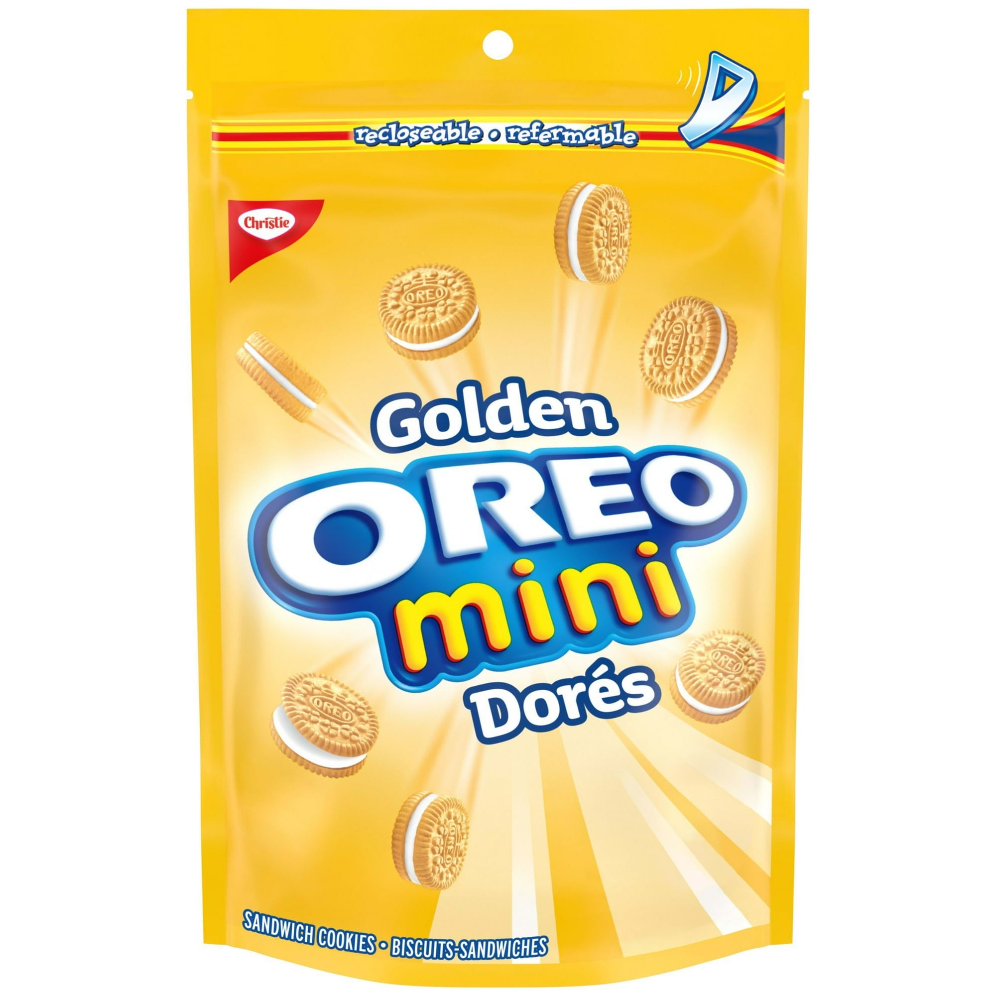 Oreo Golden Mini Dores, Sandwich Cookies, 200g/7.1 oz., Recloseable Bag, front of bag.