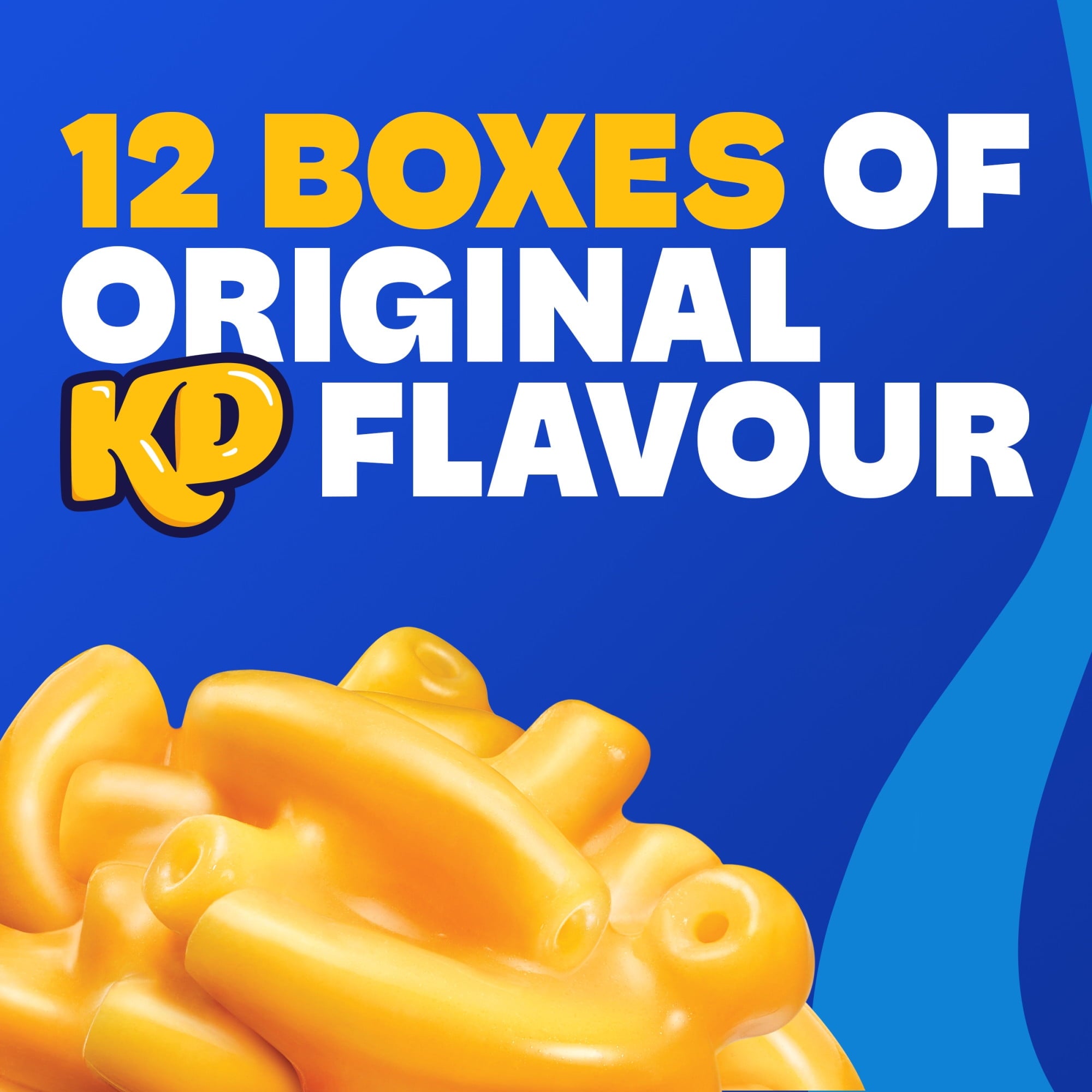 Promotional graphic for 12 boxes of Original KD Flavour with yellow text on a blue background.