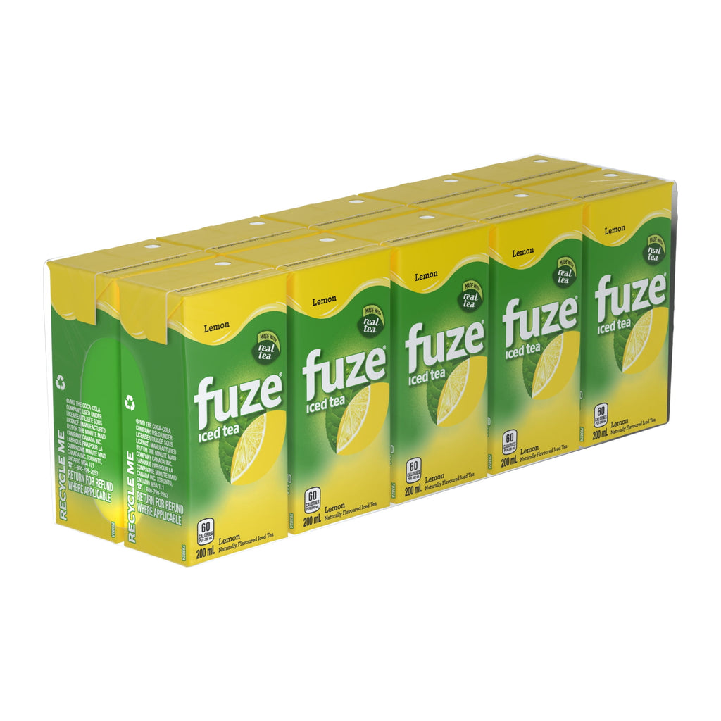 Multiple boxes of fuze lemon iced tea on a white background