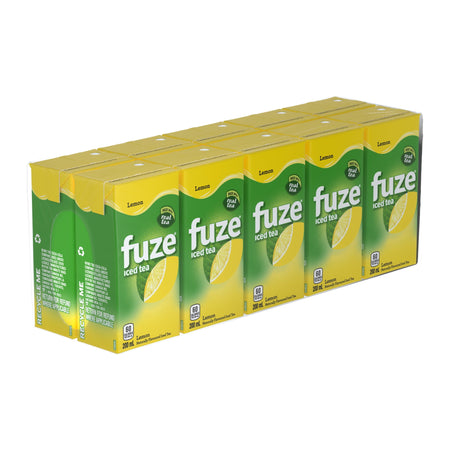 Multiple boxes of fuze lemon iced tea on a white background