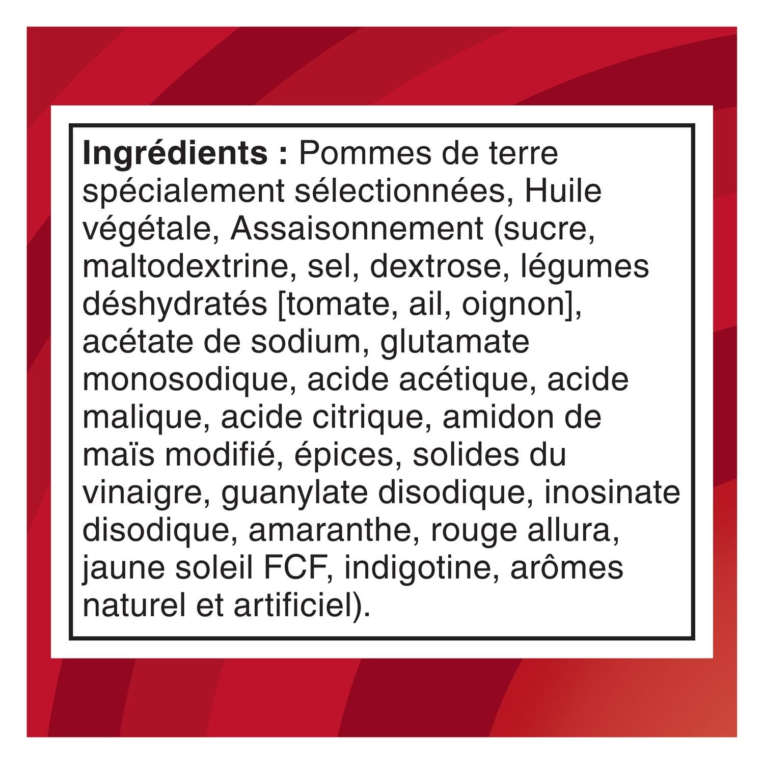 List of ingredients for Lay's Ketchup Flavored Potato Chips, 220g/7.7 oz in a box with a red border