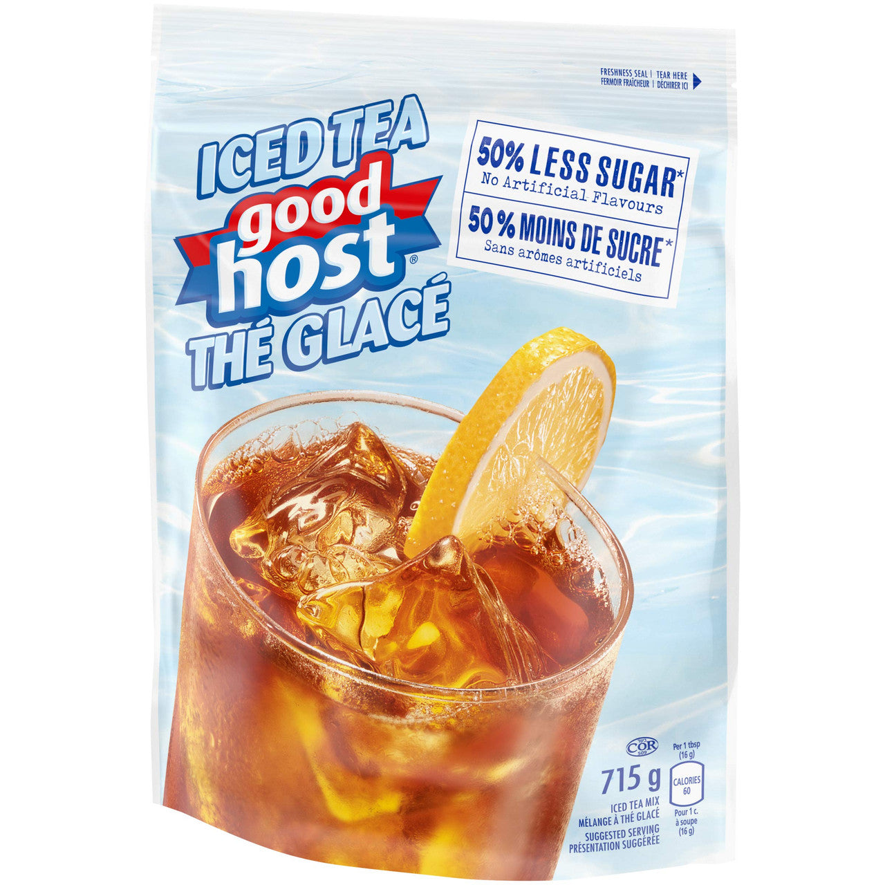 Packaging of GOODHOST Iced Tea Mix with 50% less sugar, featuring a glass of iced tea and a slice of lemon. The package indicates the product is prepared in Canada and contains 715g of tea mix.