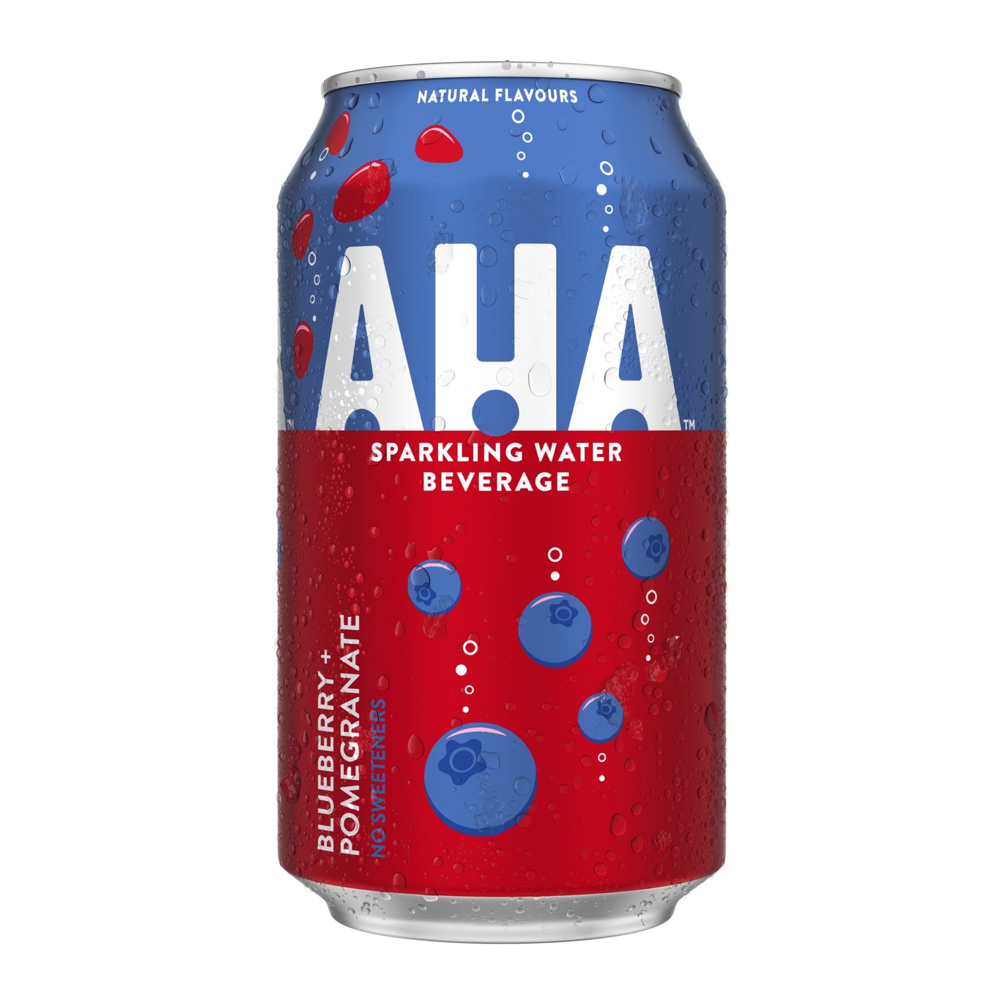 AHA sparkling water beverage can with blue and red design on a white background