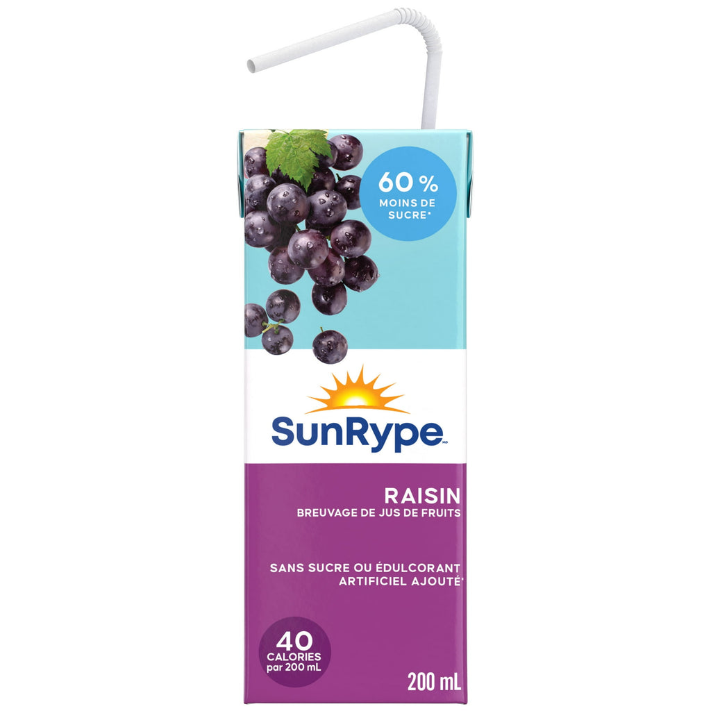 SunRype Greatly Grape Juice Boxes Perfect For On-The-Go, 60% Less Sugar, 5x200ml/33.8 fl. oz. - Back Of One Juice Box