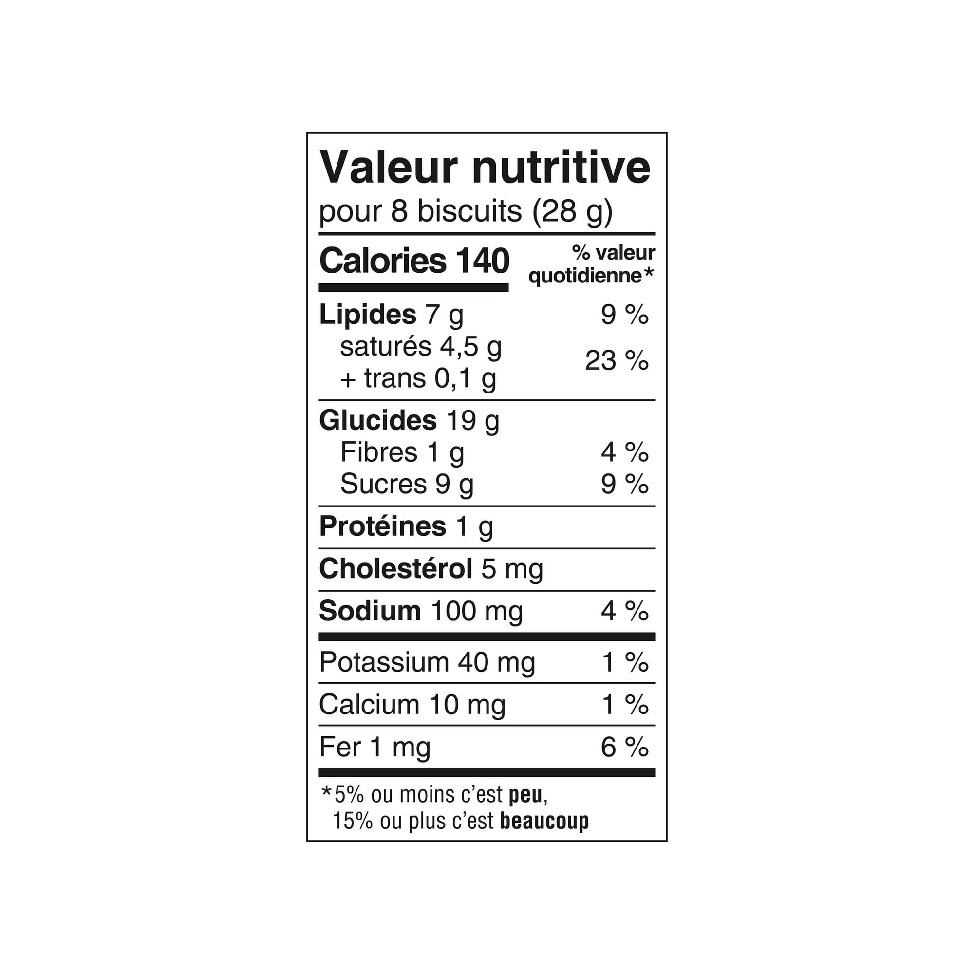 Nutritional value label for Leclerc Celebration Chocolate Chip Mini Cookies, 200g/7.05 oz on a white background