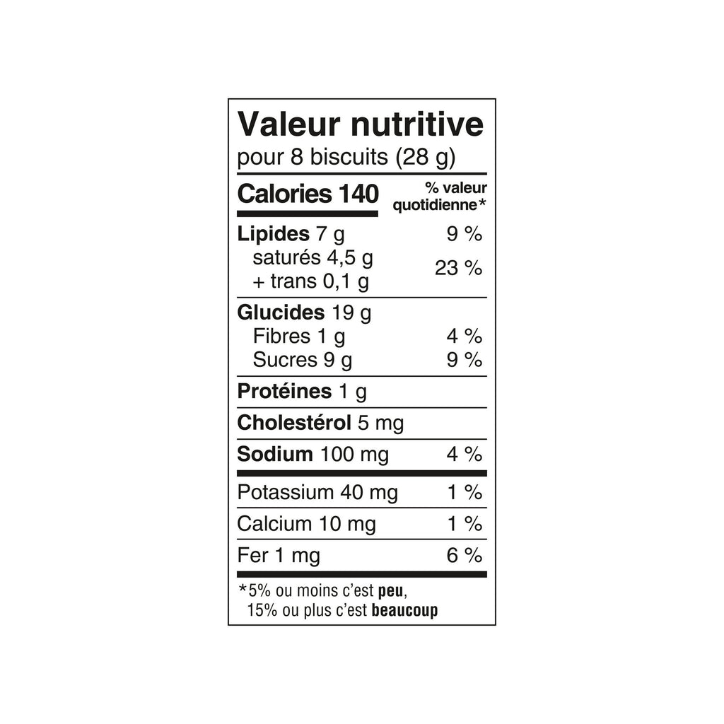 Nutritional value label for Leclerc Celebration Chocolate Chip Mini Cookies, 200g/7.05 oz on a white background
