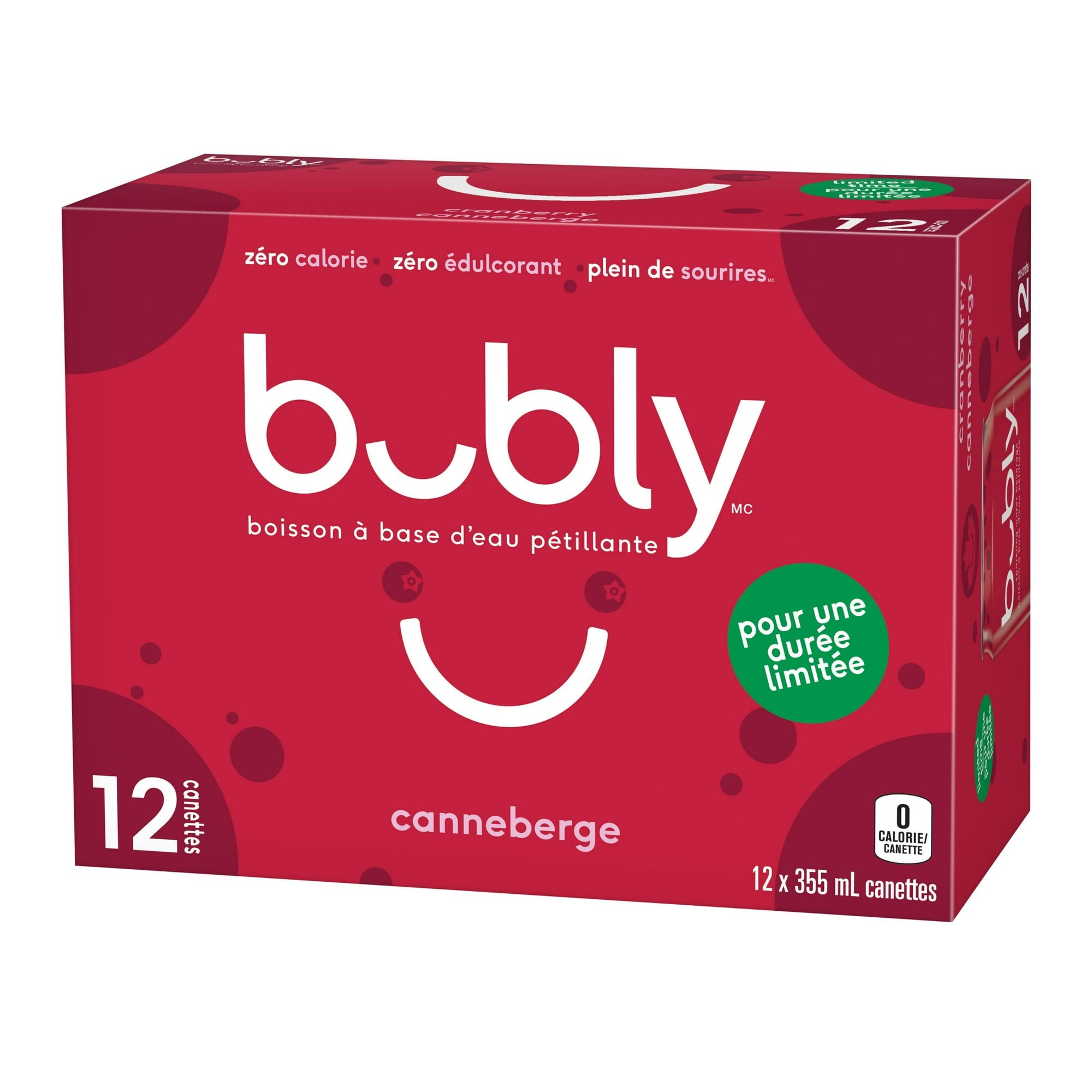Box of bubly canneberge sparkling water on a white background