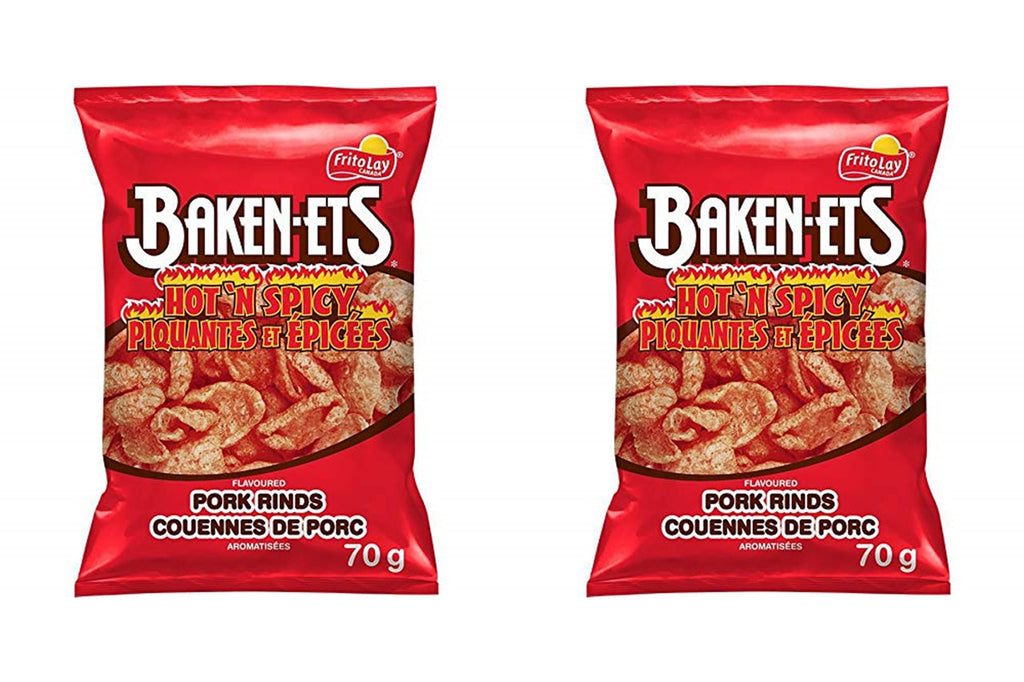 Baken-ets Hot & Spicy Pork Rinds, 70g/2.5oz bags (2 Pack) {Imported from Canada}