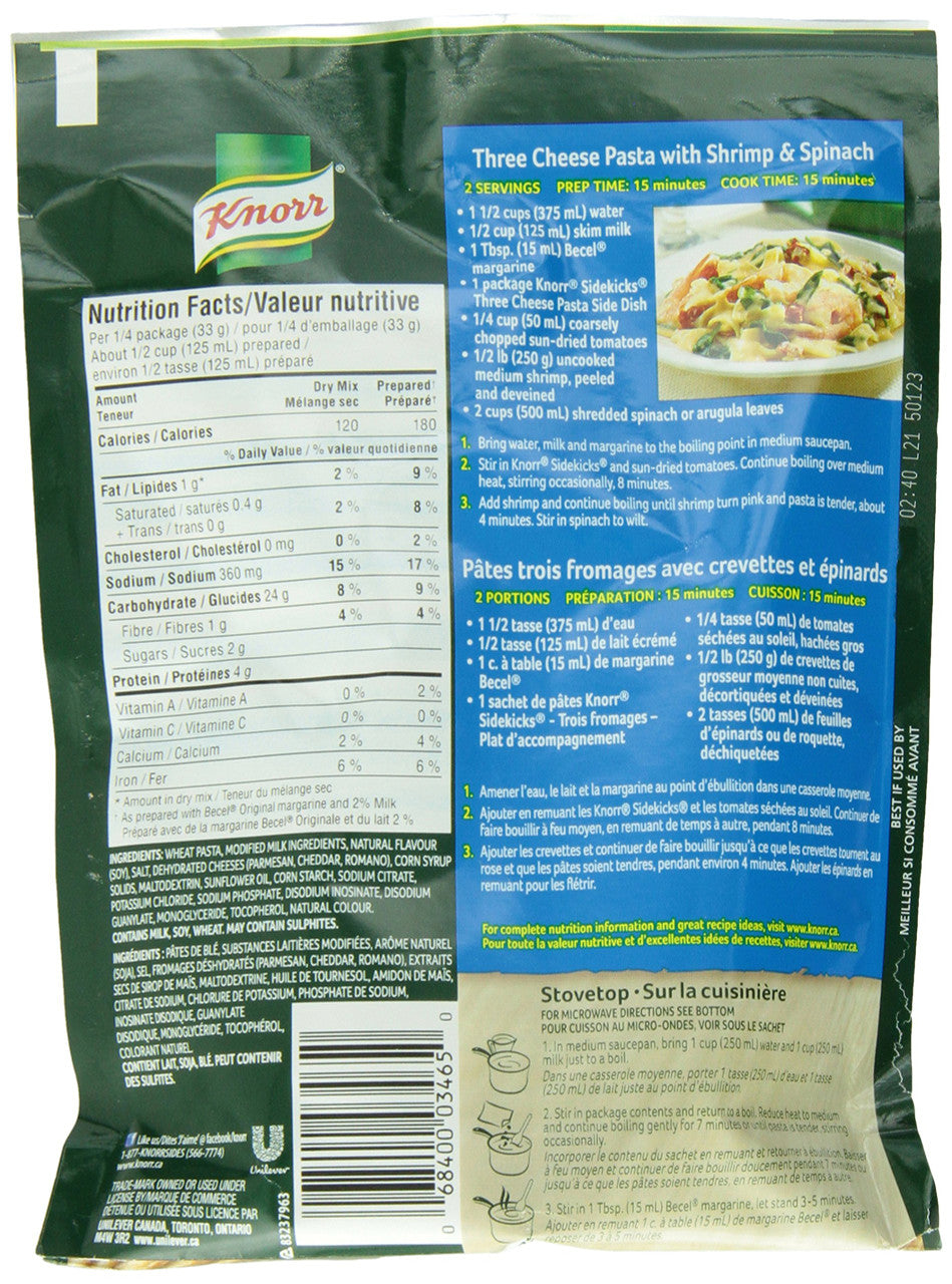 Knorr Sidekicks Three Cheese Pasta  133g/4.69 Oz (8pk) {Imported from Canada}